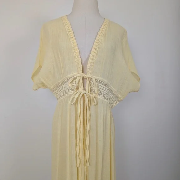 Vintage Butter Yellow Maxi Cardigan Front Ties Sheer Crochet Floor Length - Picture 5 of 10